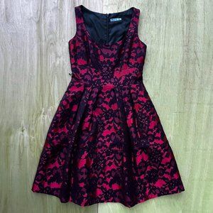 ELIZA J Shimmery Red A Line Black Floral Lace Zip Back Dress sz 2